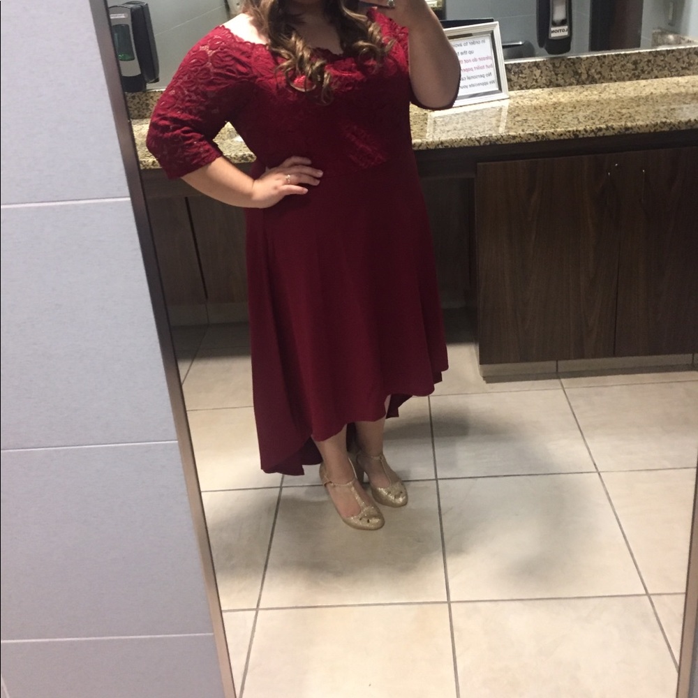 Maroon High Low Semi Formal off the shoulder dress